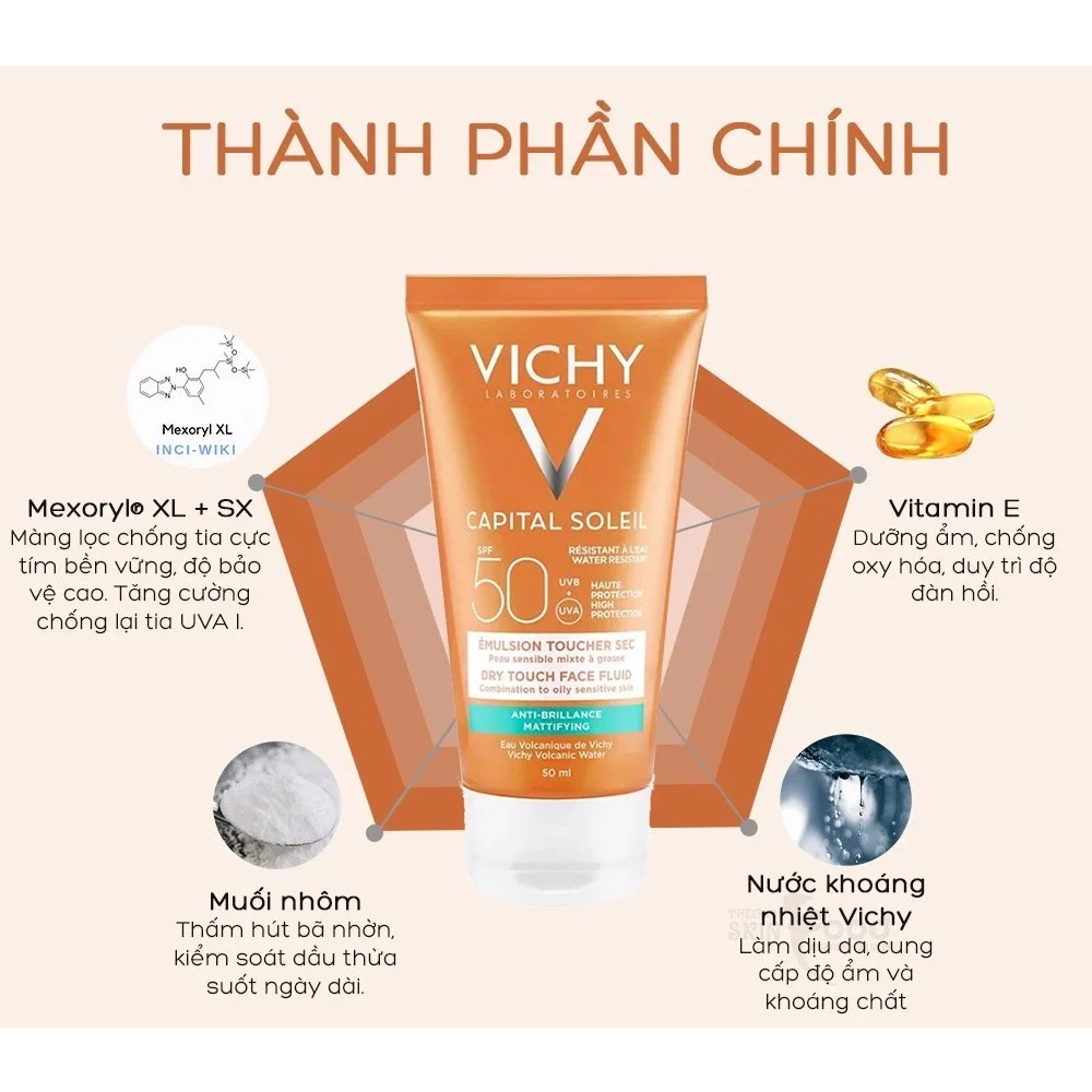 Kem Chống Nắng Cho Da Dầu, Không Nhờn Rít Vichy Capital Soleil Mattifying Face Fluid Dry Touch SPF50+ 50ml
