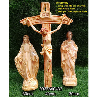Bộ tượng Đức Mẹ, Thánh Giuse 30cm và Thánh Giá Chúa chịu nạn 40cm chất liệu composite