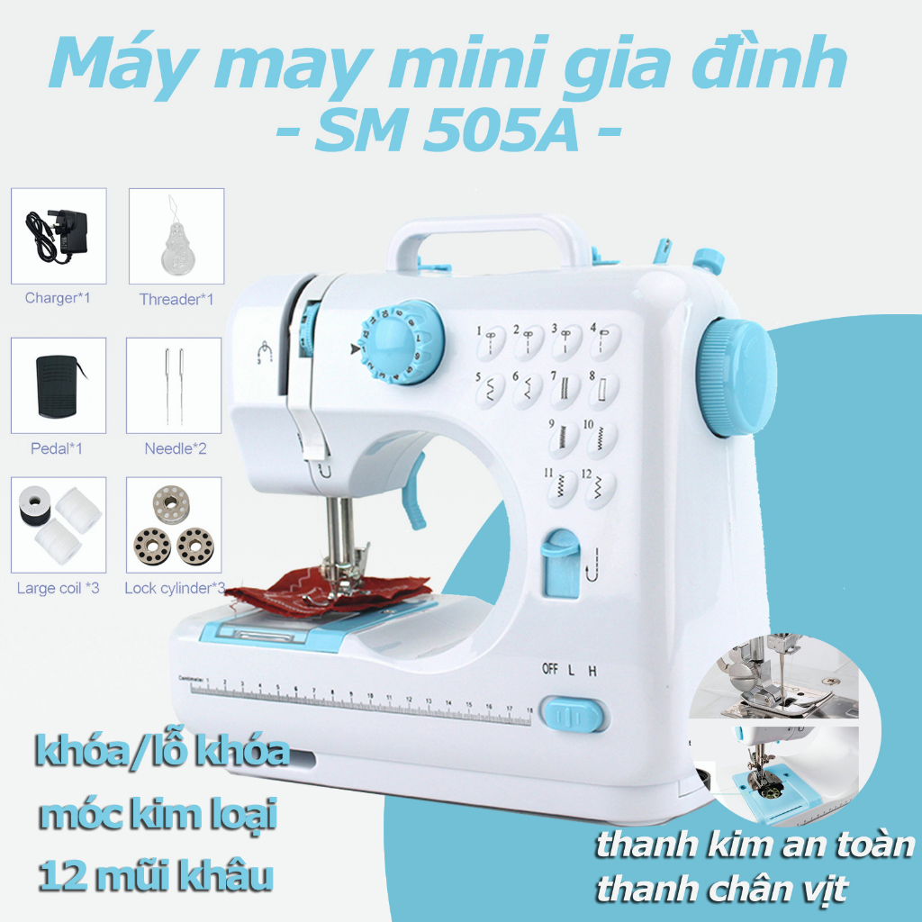 máy may mini gia đình 505A,may tự động 12 kiểu may,có thể may tất cả các loại quần áo,pin,thiết kế nguồn điện kép