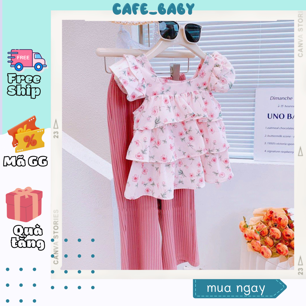 (8-20kg) Set Bộ Quần Áo Bé Gái Mùa Hè Chất Lụa Hàn Xếp Ly Phối Quần Tăm Lạnh Ống Suông Xinh Xắn Dễ Thương - CAFE_BABY068