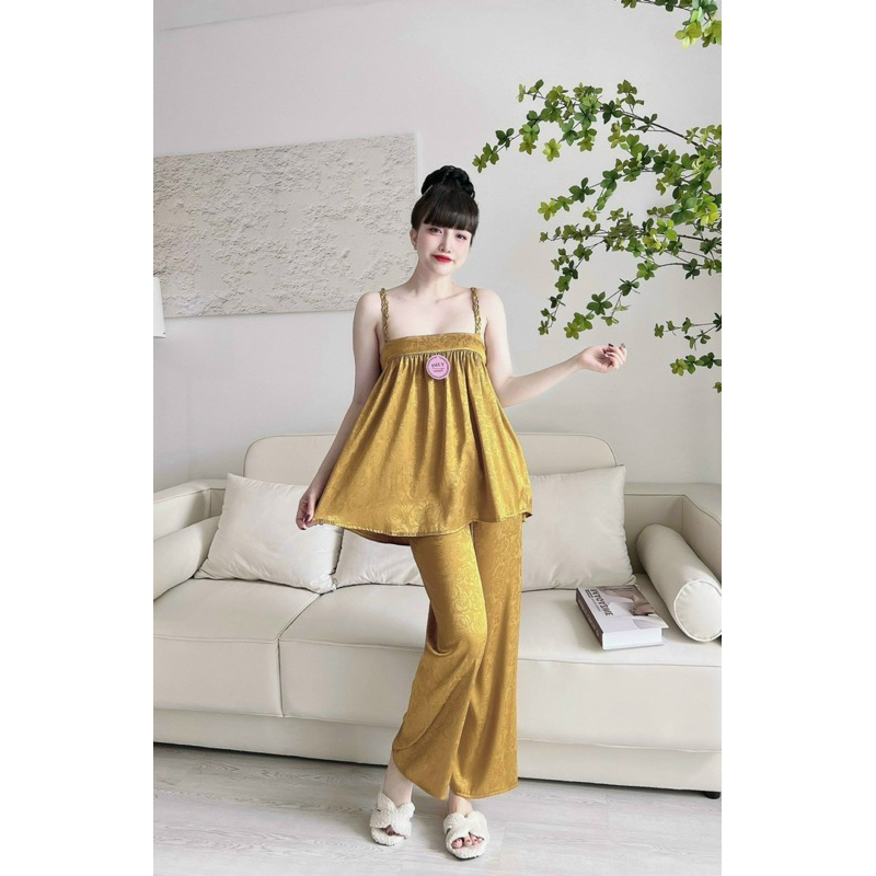 Bộ Ngủ pijama lụa 2 dây gấm hoa Hồng dây bính mặc nhà siêu sang