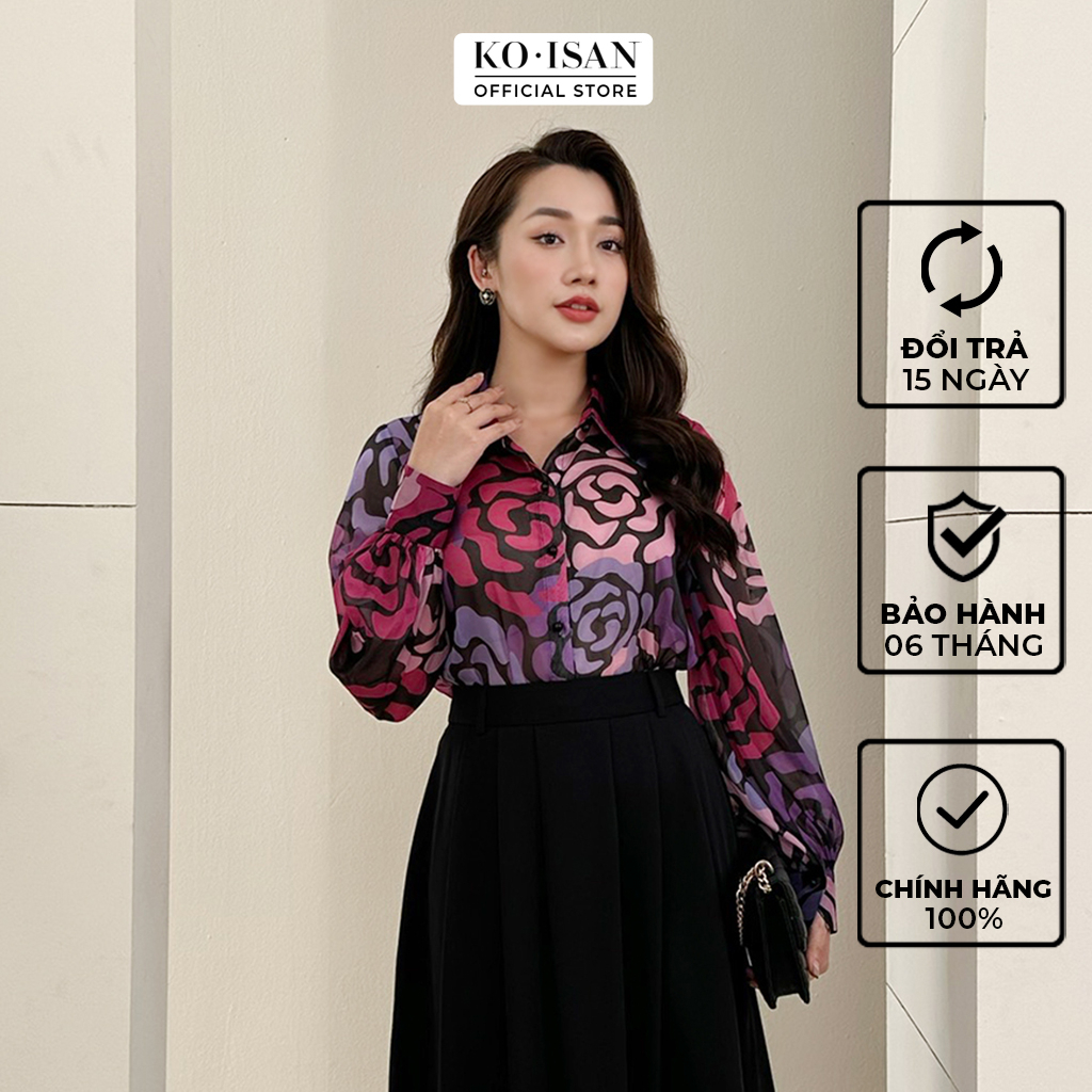 Áo sơ mi nữ dáng suông dài tay cửa tay bồng KOISAN Chất liệu tơ ánh cao cấp màu sắc tươi trẻ S2350342