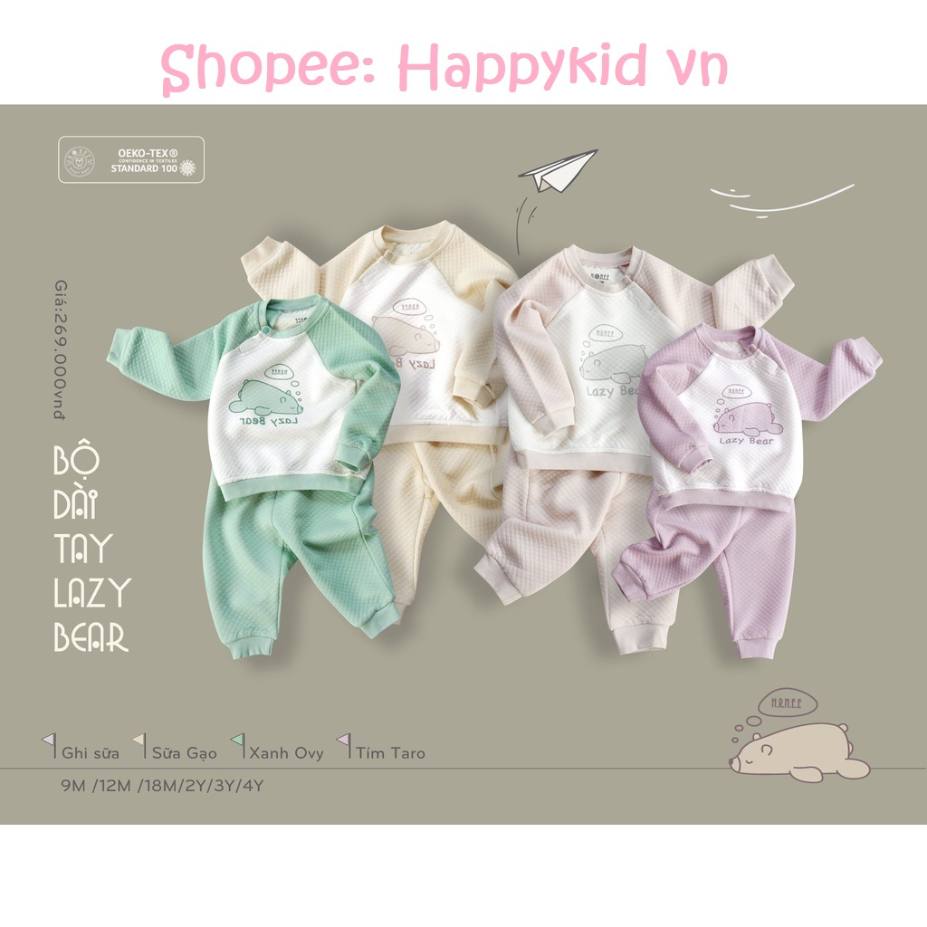 Bộ nỉ dài tay chần bông Lazy Bear cao cấp HRNEE cho bé trai, bé gái