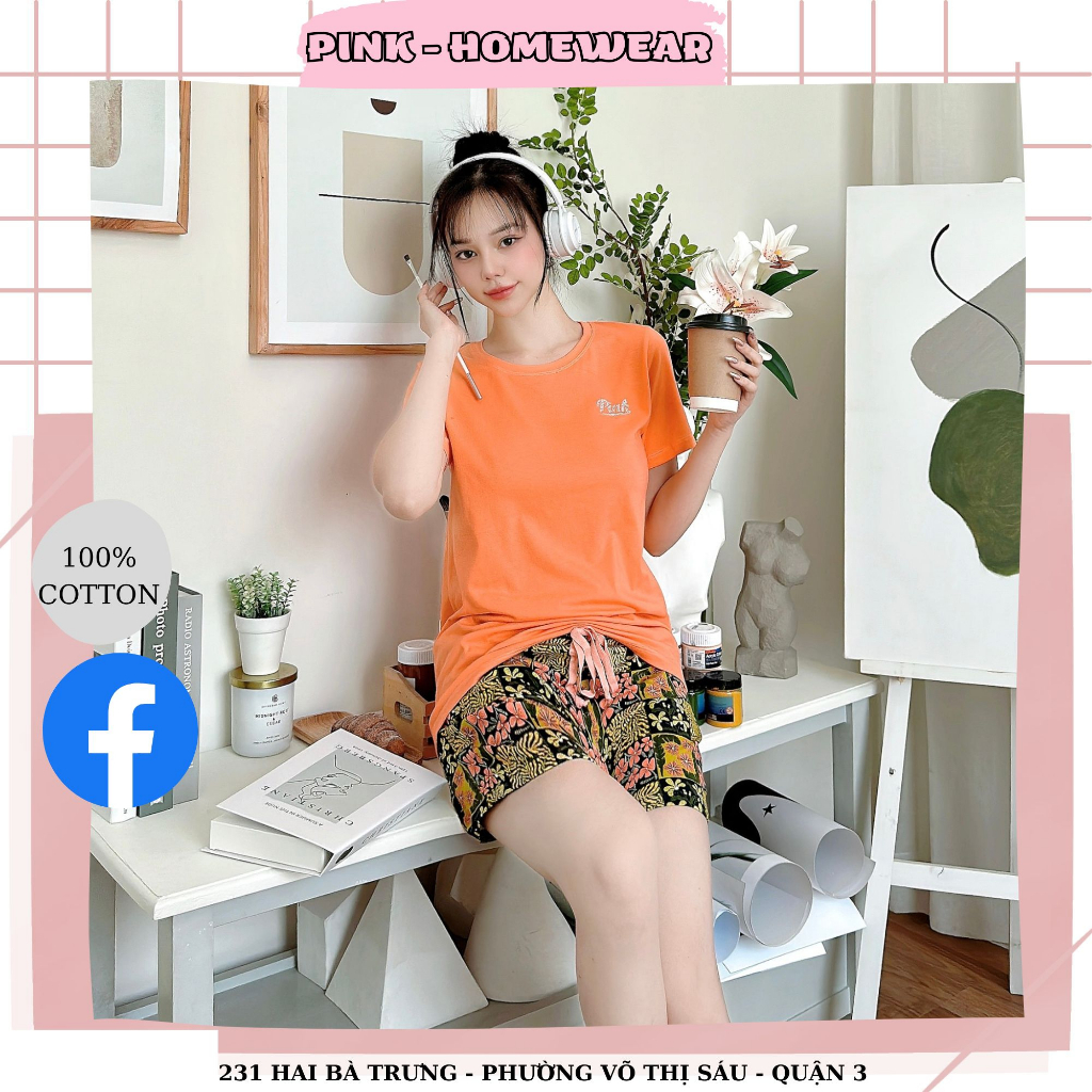 QUẦN NGẮN HOA VĂN CÙNG ÁO THUN TAY NGẮN CAM CHỮ PINK KIM TUYẾN