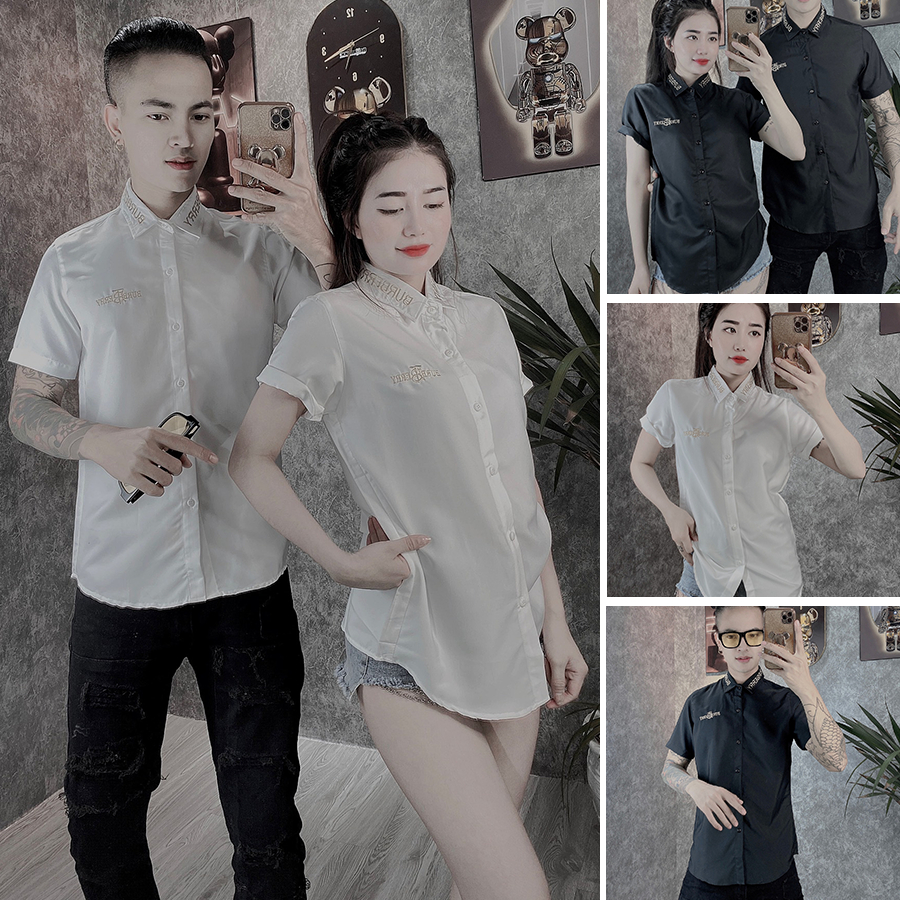Áo Sơ Mi Nam Nữ Tay Ngắn Cổ Bẻ Trơn Thêu Chữ Chất Liệu Vải Kate Lụa Form Rộng 2 Màu Mền Mịn SMTN12 - TOMANO