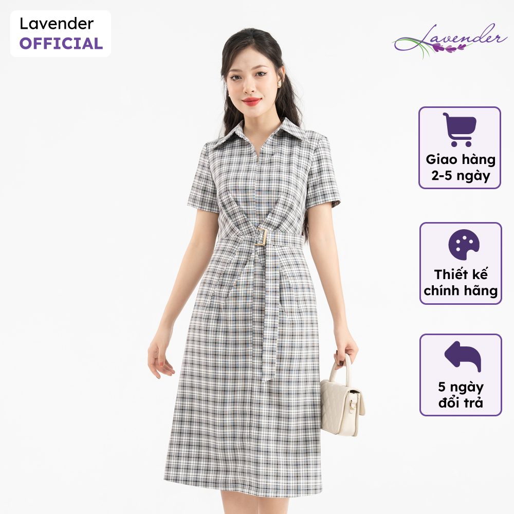 Đầm công sở thiết kế LAVENDER dáng xòe kẻ caro đen trắng đai eo D2802