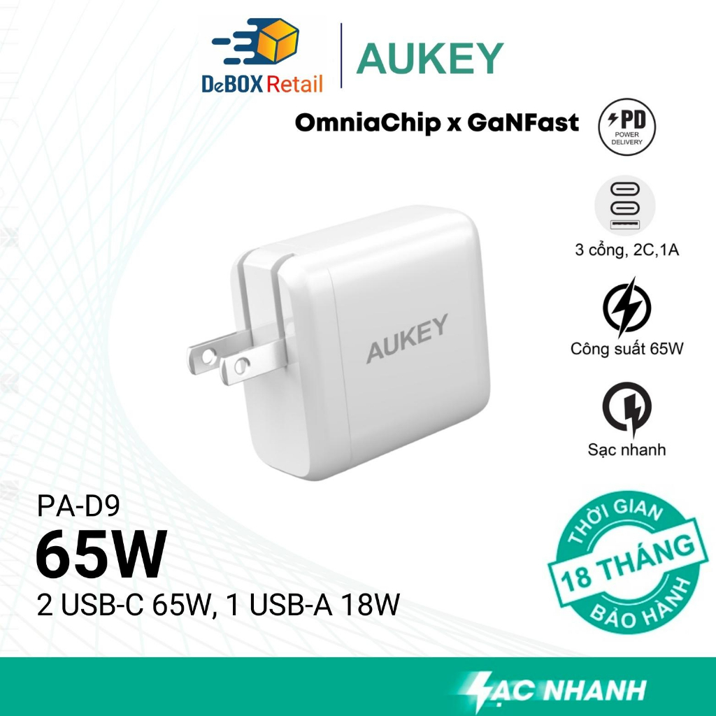 Sạc nhanh AUKEY PA-D9 Swift Mix 3-Port 65W PD, hỗ trợ PPS cho Samsung, Super Fast Charging 45W - Hàng Chính Hãng