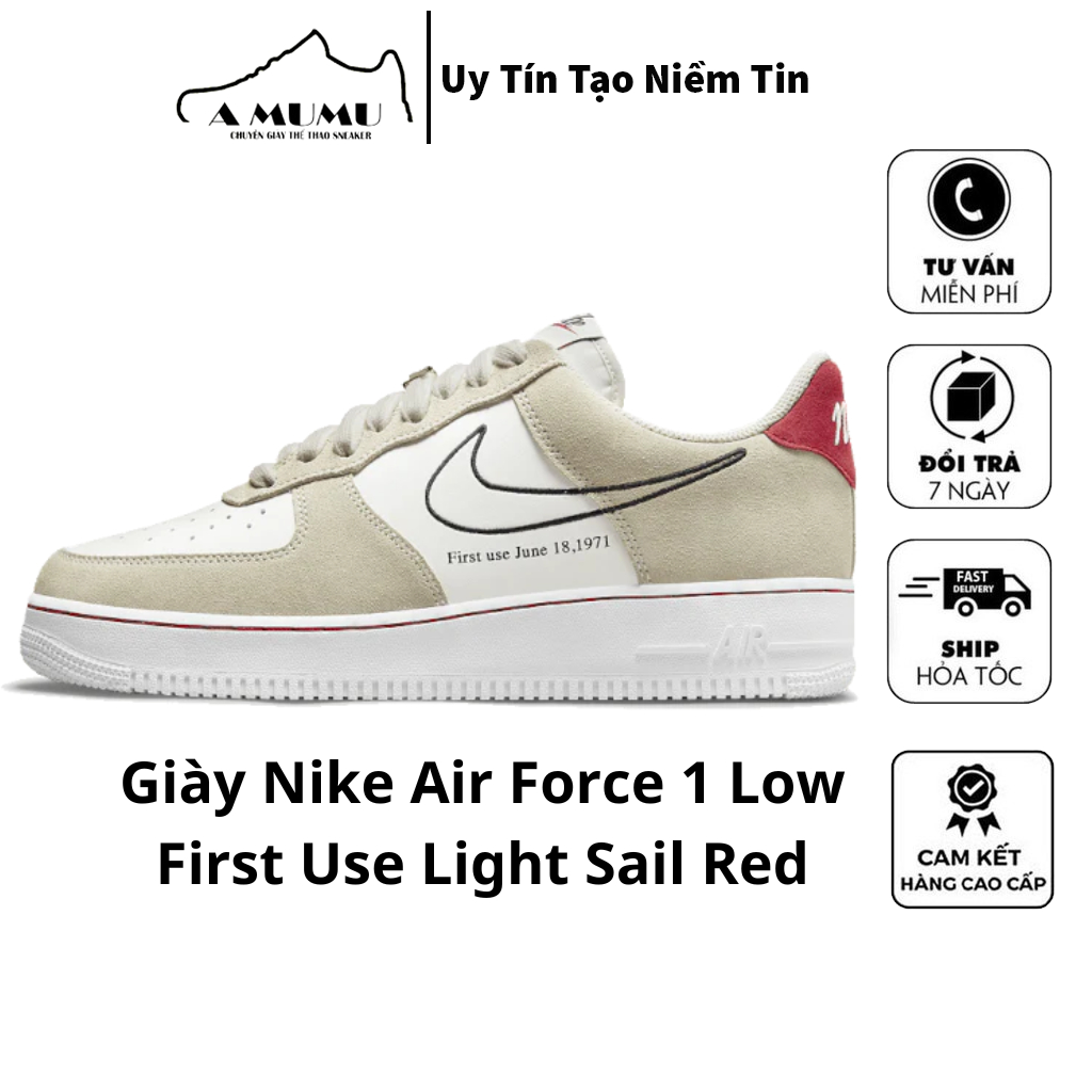 Giày _Nike Air Force 1 Xám Gót đỏ Bản Likeauth , Giày AF1 Low First Use Light Sail Red Af1 Xám Da Lộn Mũi Trắng Gót Đỏ