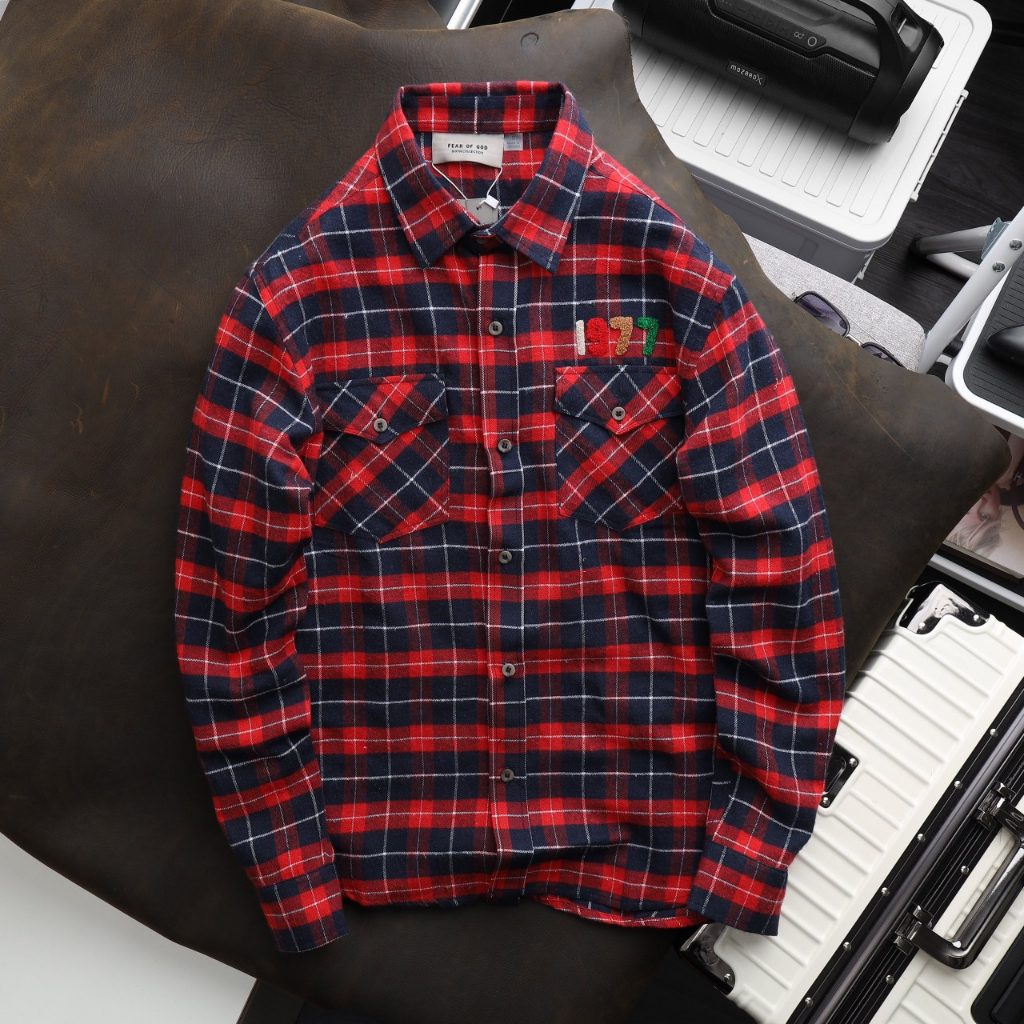 Áo sơmi caro nam 1977 thêu cao cấp mã SM34, áo sơmi caro essentials 1977