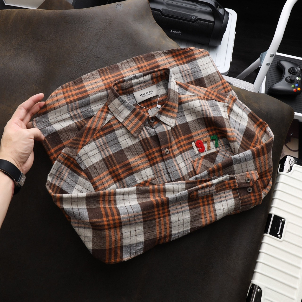 Áo sơmi caro nam 1977 thêu cao cấp mã SM34, áo sơmi caro essentials 1977