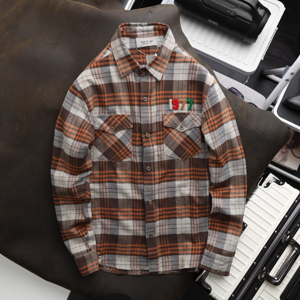 Áo sơmi caro nam 1977 thêu cao cấp mã SM34, áo sơmi caro essentials 1977