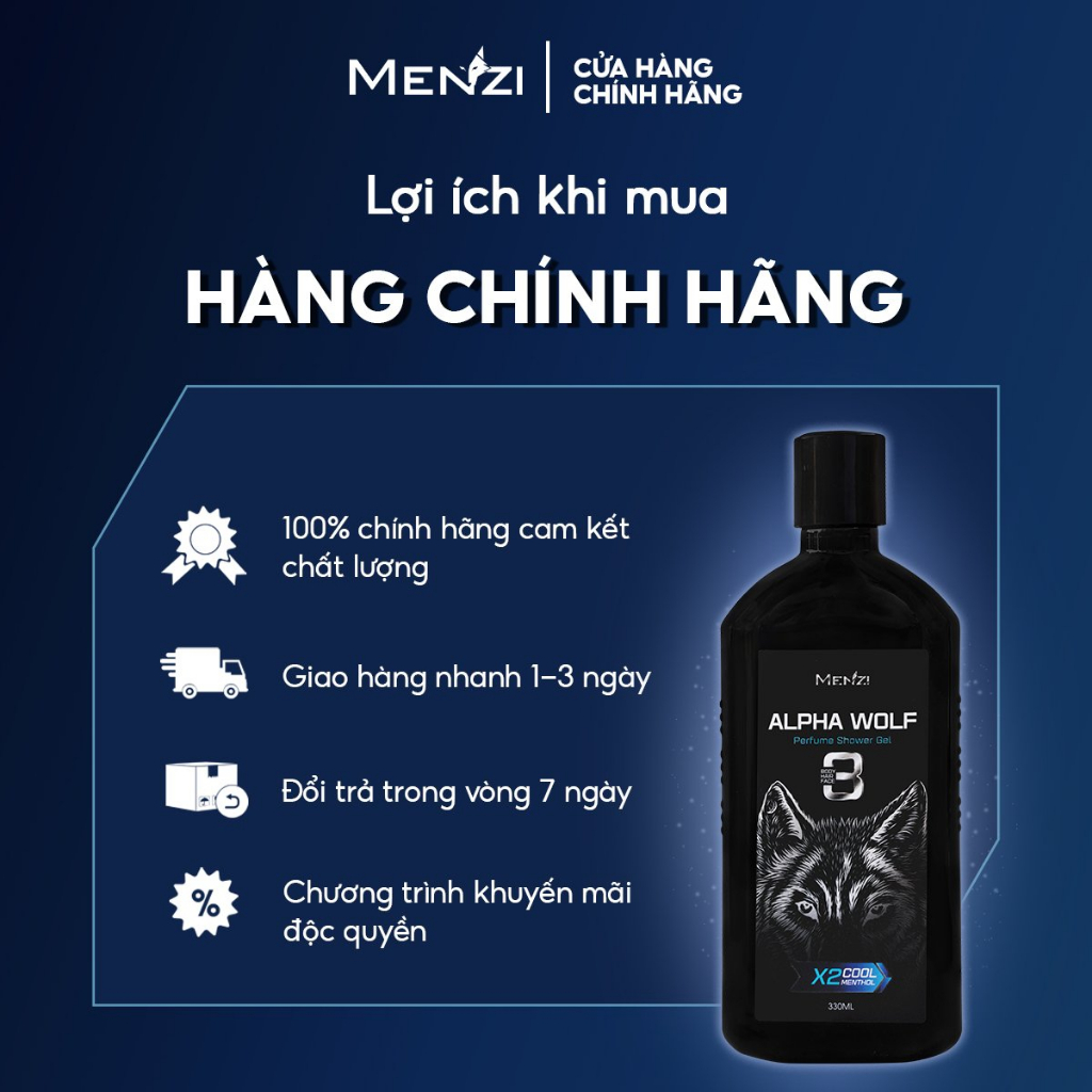 Sữa Tắm Gội Menzi 3 trong 1, Ngừa Gàu, 6H Lưu Hương Nước Hoa Pháp 330ml/chai