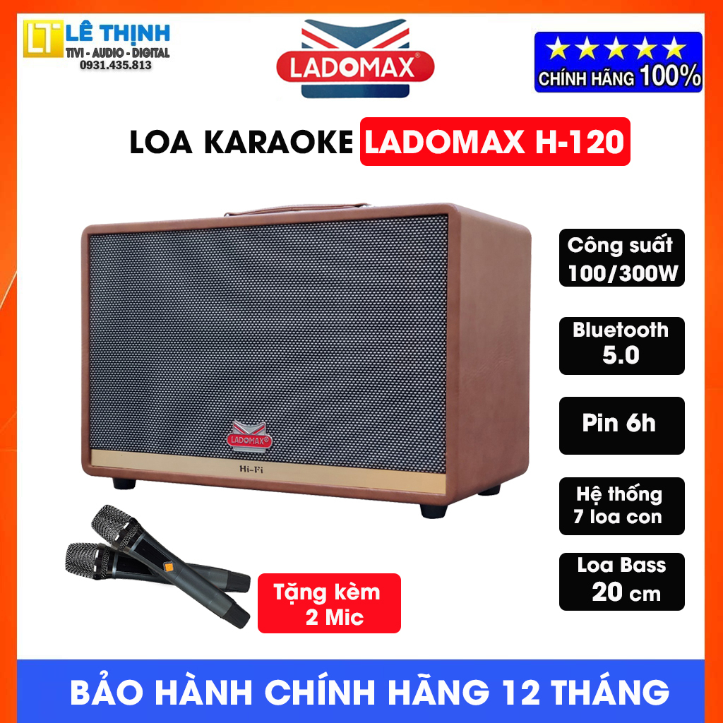 Loa Karaoke xách tay Ladomax H-120 | Công suất 300W, Bluetooth 5.0, Bass 20cm, Pin 6h,Tặng kèm 2 micro UHF không dây