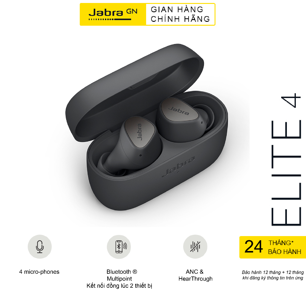 Tai Nghe True Wireless Jabra Elite 4 Chống Ồn Chủ Động IP55 Hàng Chính Hãng