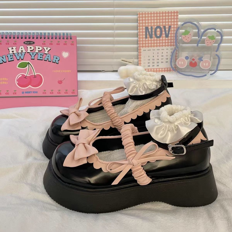 Giày Lolita Nữ Đính Nơ Quai Ngang Phong Cách Dễ Thương