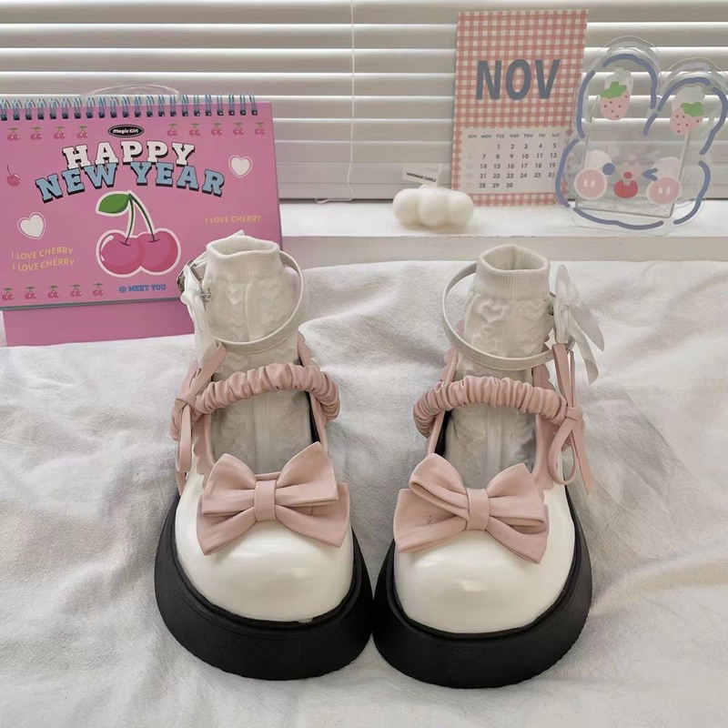 Giày Lolita Nữ Đính Nơ Quai Ngang Phong Cách Dễ Thương