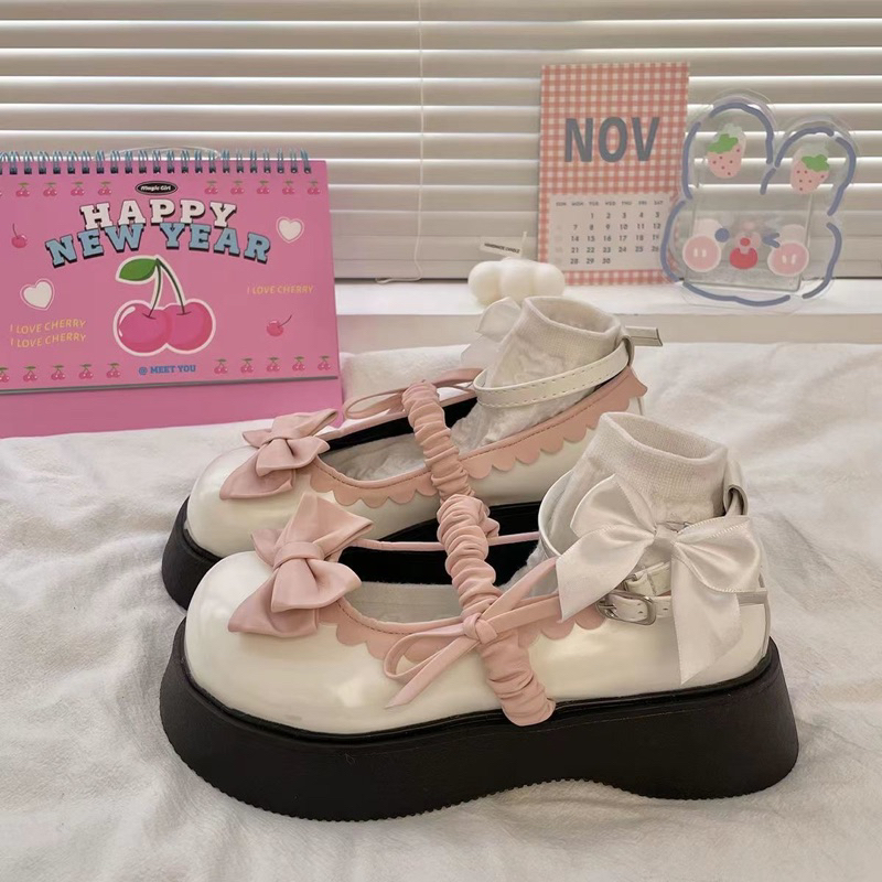 Giày Lolita Nữ Đính Nơ Quai Ngang Phong Cách Dễ Thương