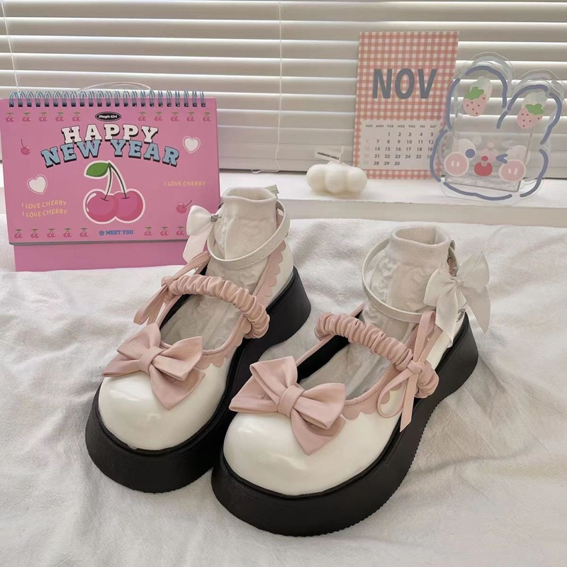 Giày Lolita Nữ Đính Nơ Quai Ngang Phong Cách Dễ Thương