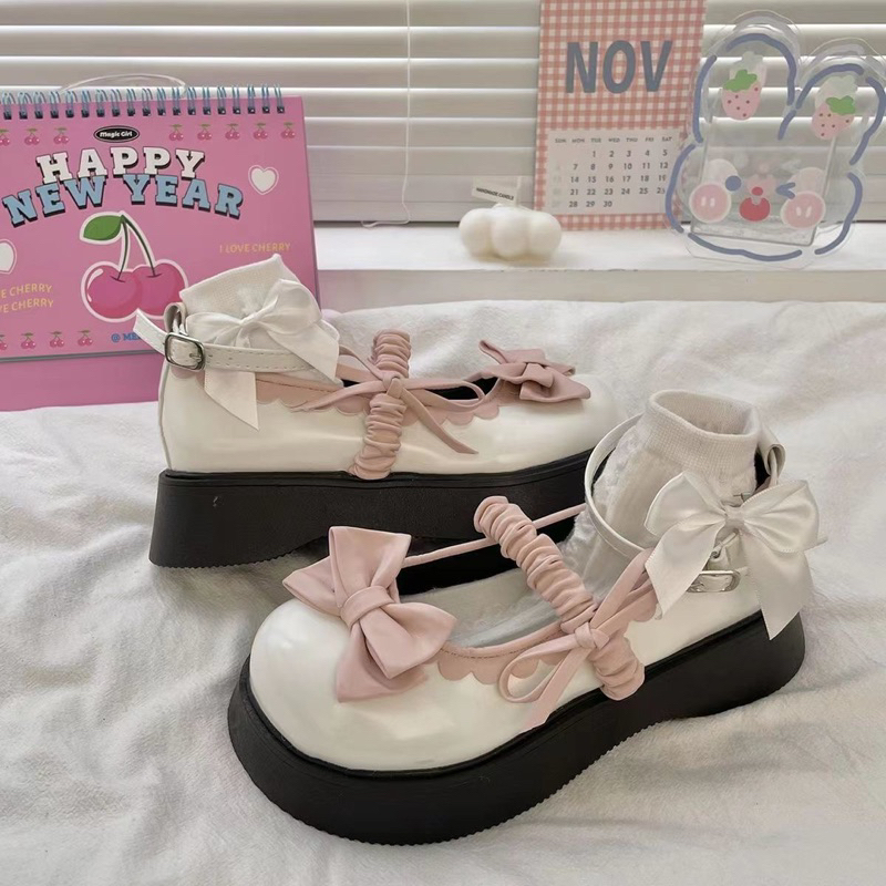 Giày Lolita Nữ Đính Nơ Quai Ngang Phong Cách Dễ Thương