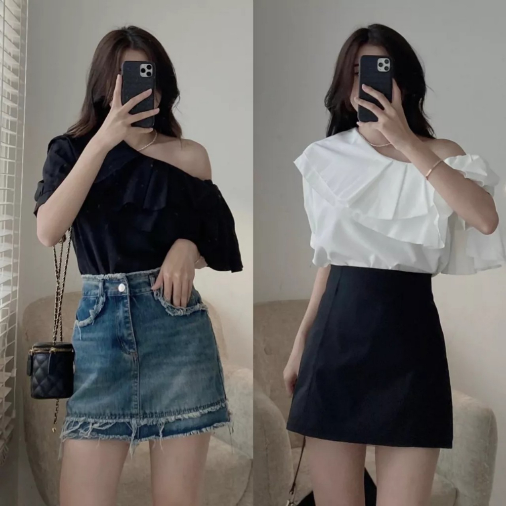Áo sơ mi bèo lệch vai cộc tay - 247Store.vn - AotrevaC129