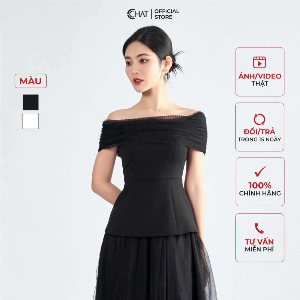 Áo Kiểu Nữ 𝐂𝐂𝐇𝐀𝐓 Trễ Vai Phối Lưới Chất Thun Phong Cách Thanh Lịch 22ANC8002PT