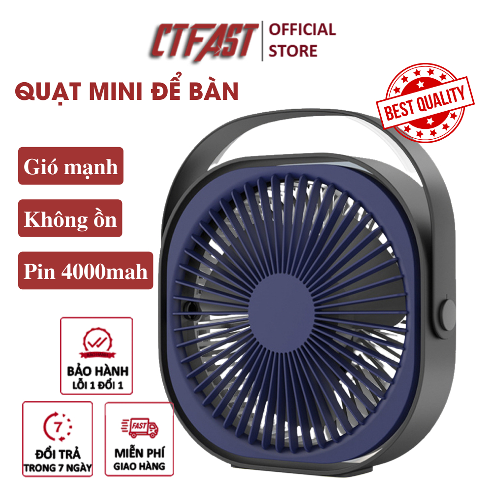 Quạt tích điện mini, quạt để bàn văn phòng CTFAST M102 - Pin sạc 4000mah, 3 tốc độ gió, không ồn - Hàng loại 1