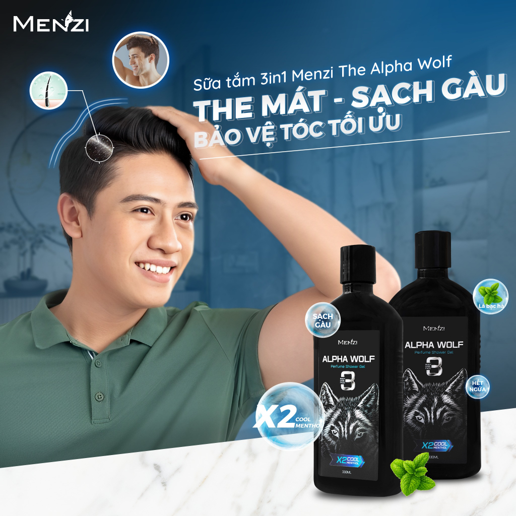 Sữa Tắm Gội Menzi 3 trong 1, Ngừa Gàu, 6H Lưu Hương Nước Hoa Pháp 330ml/chai