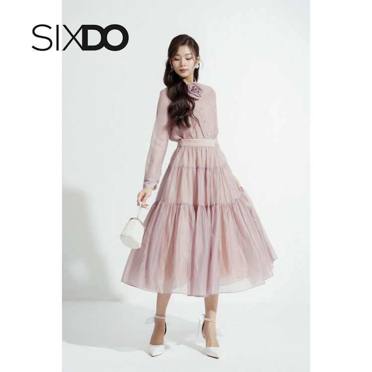 Chân váy tơ midi dáng xòe thời trang SIXDO (Light Mauve Pleated Midi Skirt)