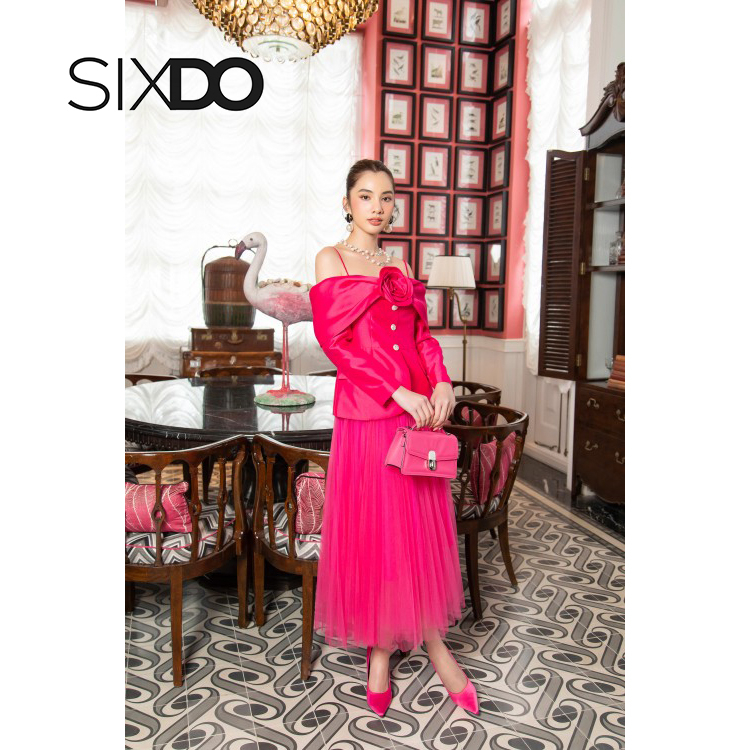 Áo vest nữ trễ vai dài tay phối hoa ngực thời trang SIXDO (Off-shoulder Taffeta Vest)