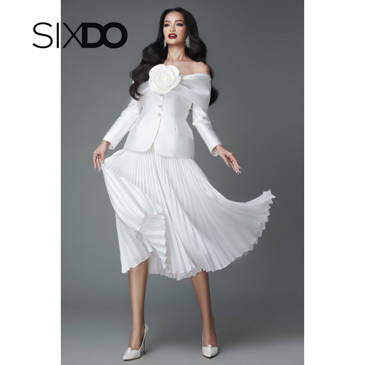 Áo vest nữ trễ vai dài tay phối hoa ngực thời trang SIXDO (Off-shoulder Taffeta Vest)