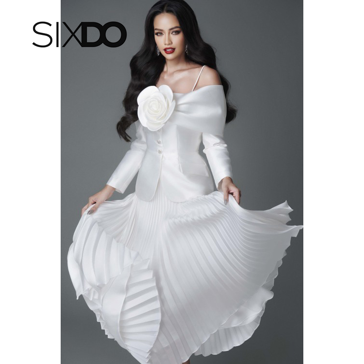 Áo vest nữ trễ vai dài tay phối hoa ngực thời trang SIXDO (Off-shoulder Taffeta Vest)