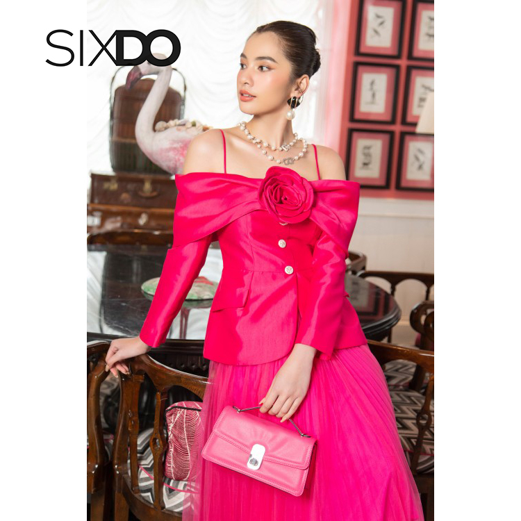 Áo vest nữ trễ vai dài tay phối hoa ngực thời trang SIXDO (Off-shoulder Taffeta Vest)