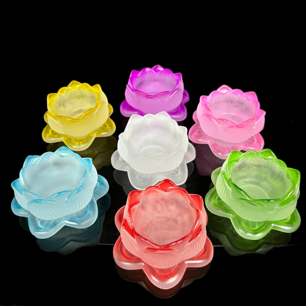 Chân đèn cầy Đựng nến tealight hoa sen thủy tinh lưu li nhiều màu - phật giáo kim thiền tử