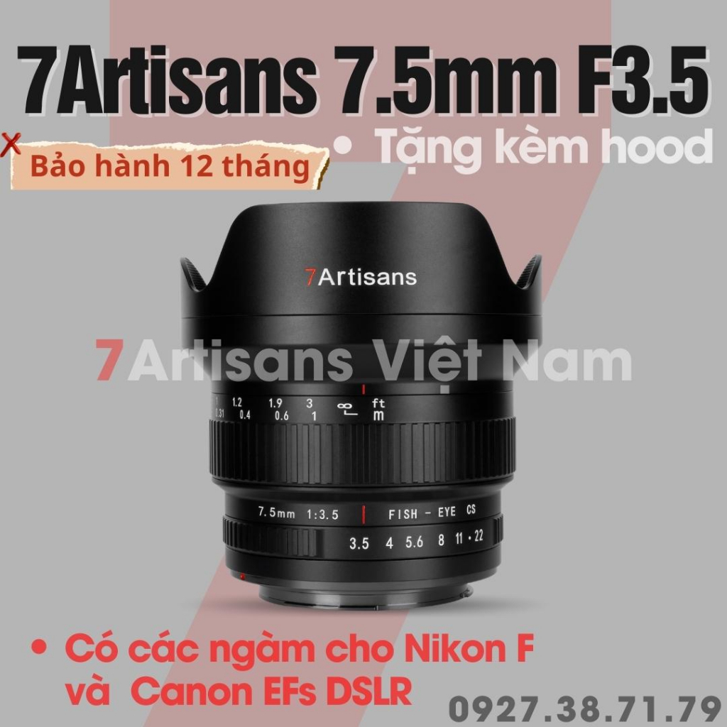Ống kính 7Artisans 7.5mm F3.5 Fisheye - Dùng cho Canon DSLR ngàm Canon EFs và Nikon F - Lens Fisheye for Canon & Nikon