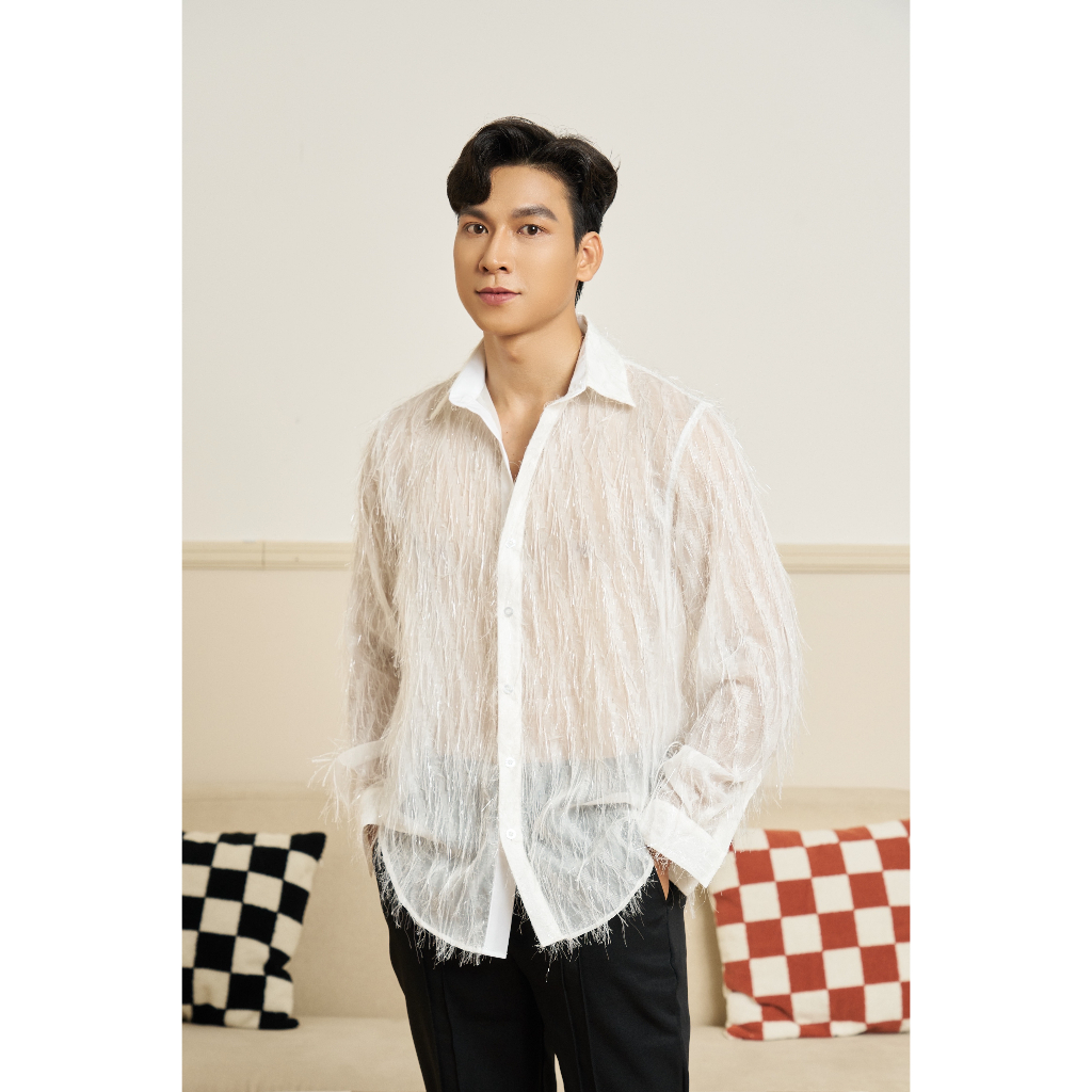 Áo Sơ Mi Nam Dài Tay Vải Xuyên Thấu Phối Tua Rua Thương Hiệu Mr Twins