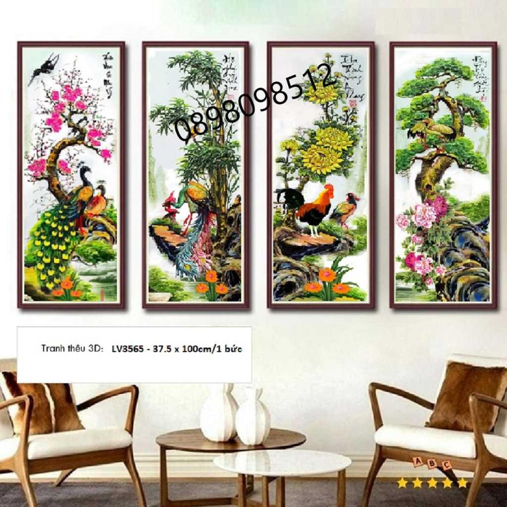 Tranh thêu chữ thập tứ quý - Tranh thêu Xuân Hạ Thu Đông LV3562
