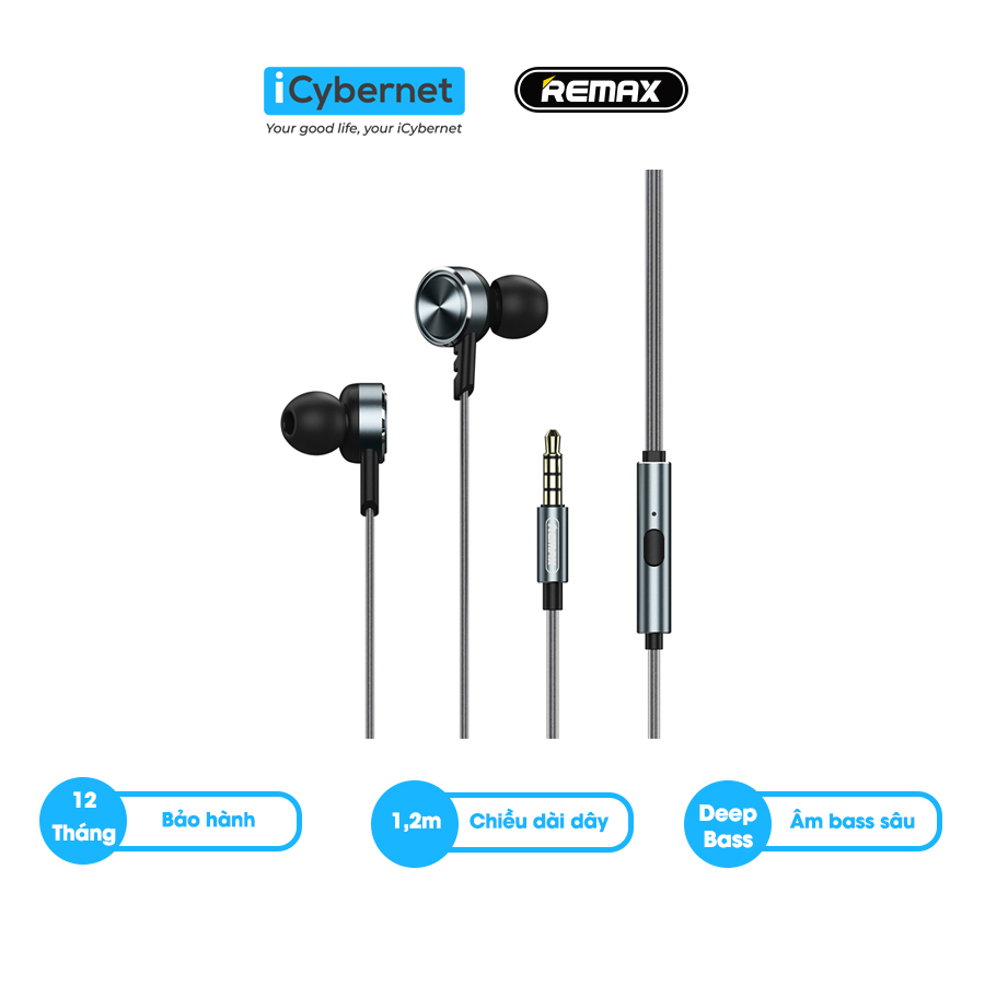 Tai nghe chân 3.5mm Remax RM-620 nút tai in-ear chống ồn tốt, âm bass sâu, thiết kế độc lạ - Chính hãng - ICYBERNET