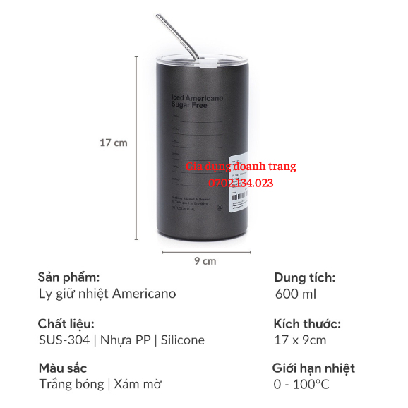 Cốc giữ nhiệt có ống hút Iced Americano Inox 304 dung tích 600ml màu xám