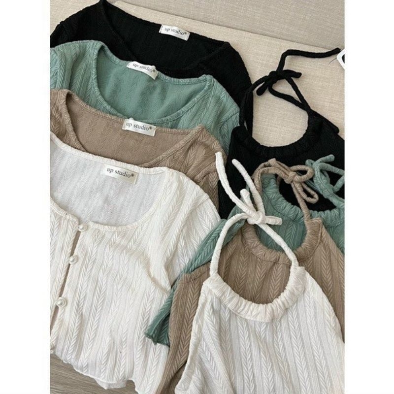 Set Áo Yếm + Áo Croptop Nút Tay Dài Len