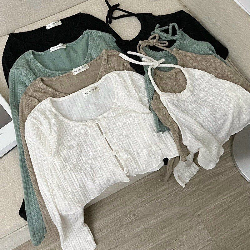 Set Áo Yếm + Áo Croptop Nút Tay Dài Len