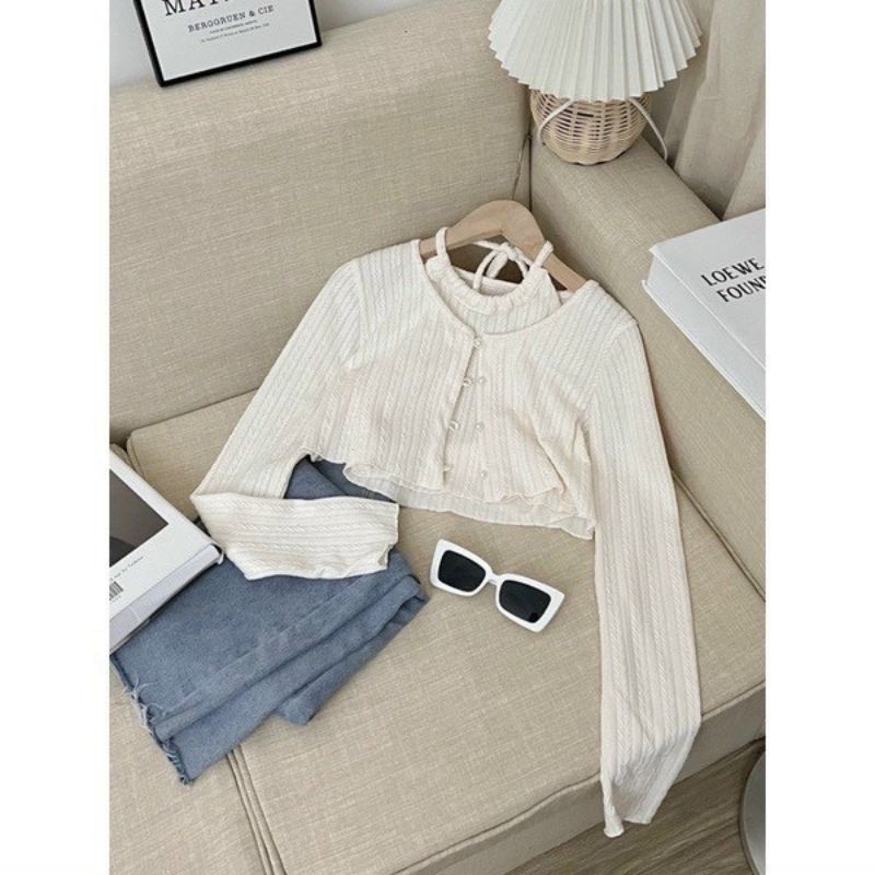 Set Áo Yếm + Áo Croptop Nút Tay Dài Len
