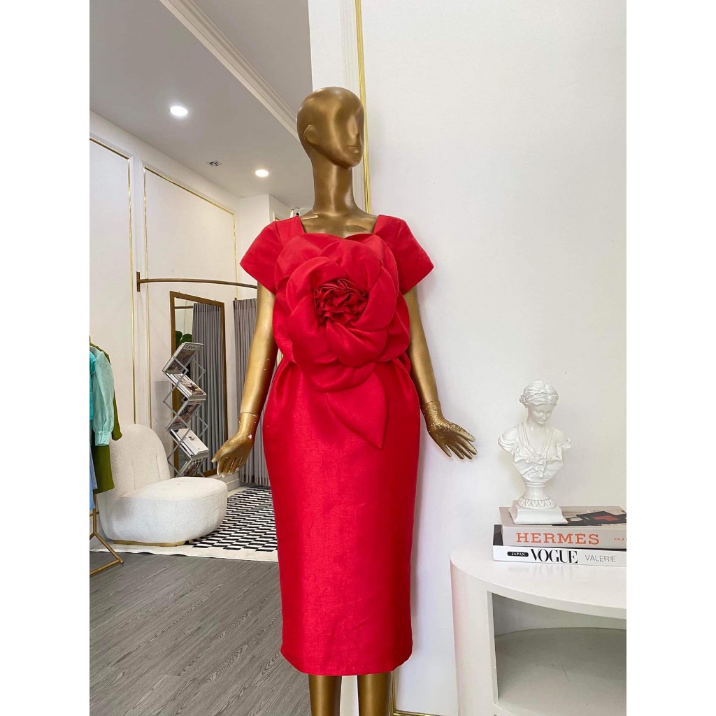 Đầm đỏ hoa 3D tafta