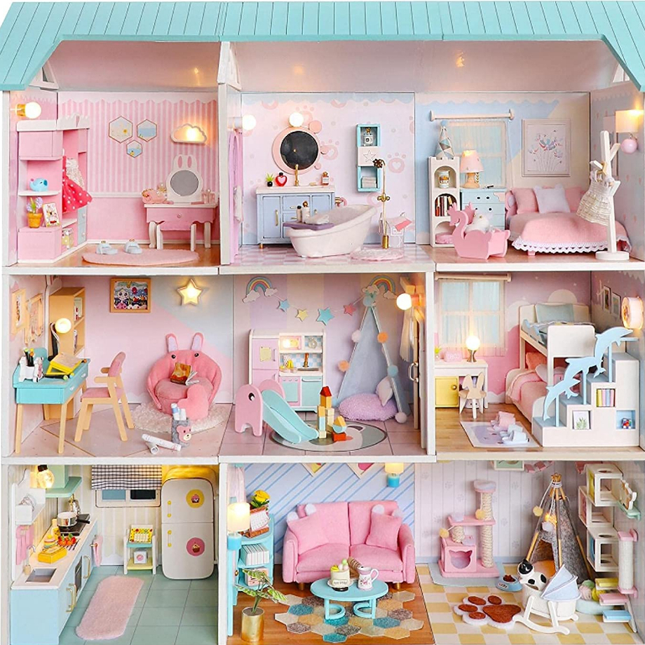 Mô hình đồ chơi DIY Phòng búp bê, Nhà búp bê thủ công tự làm lấy bằng gỗ có nắp che bụi có thể hợp thành Ngôi Nhà Mơ Ước