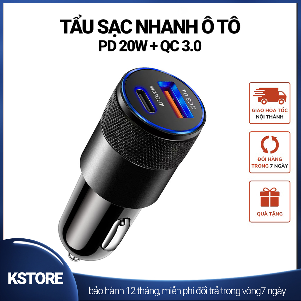 Tẩu sạc nhanh ô tô 2 cổng PD 20w QC3.0 5A chống cháy nổ có led quick charge 3.0 xe hơi