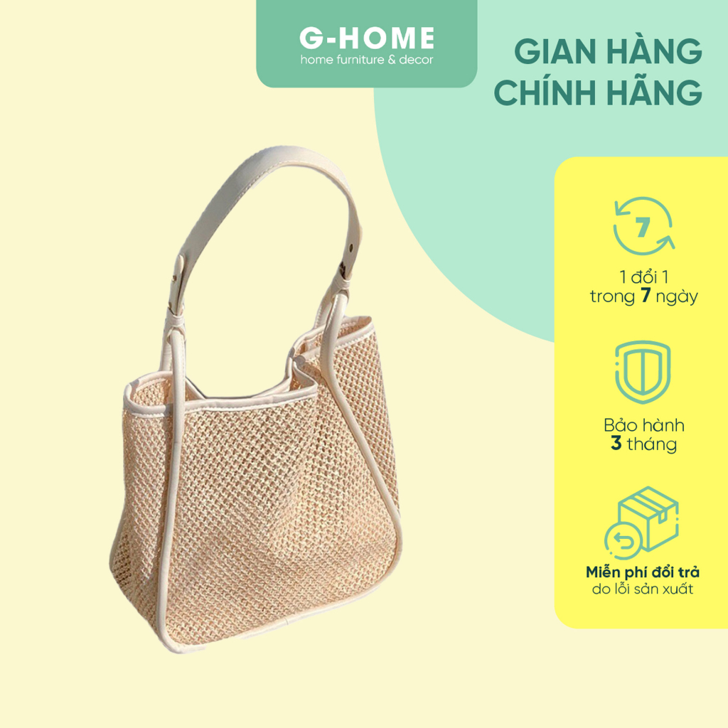 Túi xách du lịch đeo vai sợi dệt thời trang, tiện dụng GHOME- Quai da mềm, chất liệt sợi cói tự nhiên DL23M11