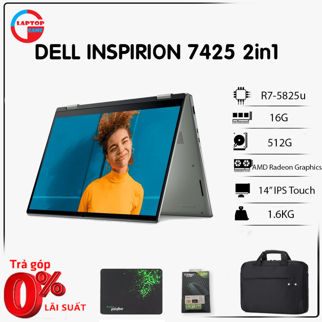 [NEW 2022] Laptop Dell Inspiron 7425 (Ryzen 7 - 5825U, 16GB, 512GB, AMD Radeon Graphics, 14'' FHD+Touch, Pebble Green)