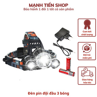 Đèn pin đội đầu 3 bóng ánh sáng trắng siêu sáng kèm 2 pin sạc và cục sạc