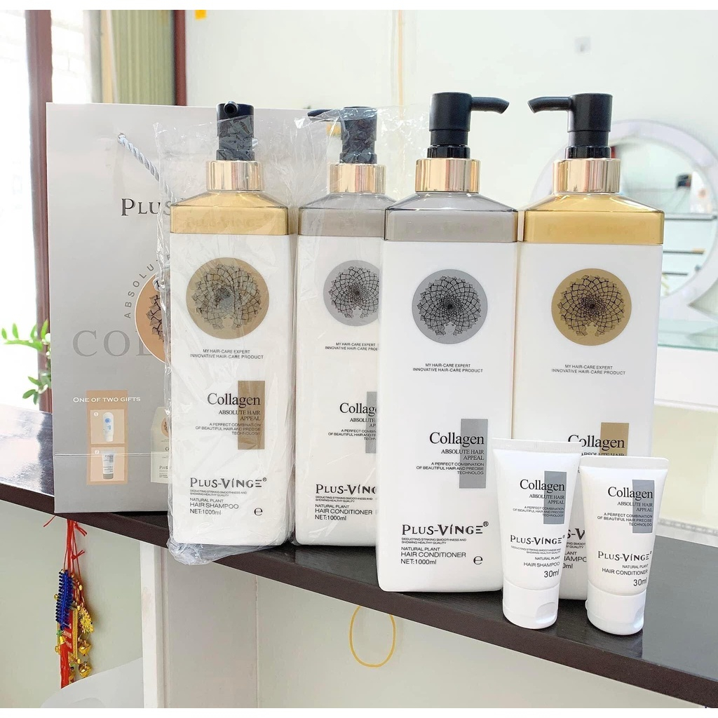 Cặp Dầu Gội Xả Collagen Plus Vinge 1000ml | Ngăn ngừa tóc gãy rụng, phục hồi tóc khô xơ, hư tổn | Chính Hãng Mei