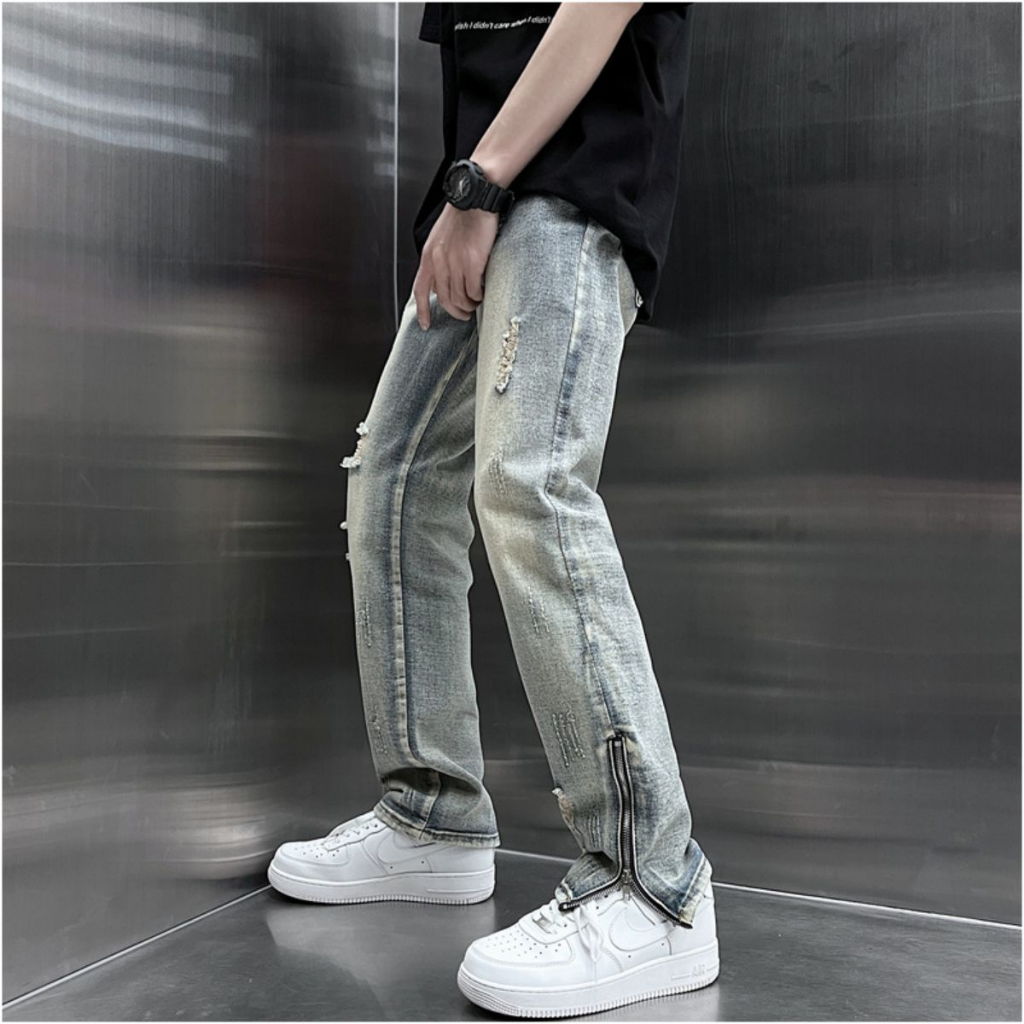 Quần jean nam ống suông RÁCH PHỐI KHÓA KÉO cá tính-THOITRANGTRE-Quần baggy nam chất bò ống đứng vnxk cao cấp loại 1