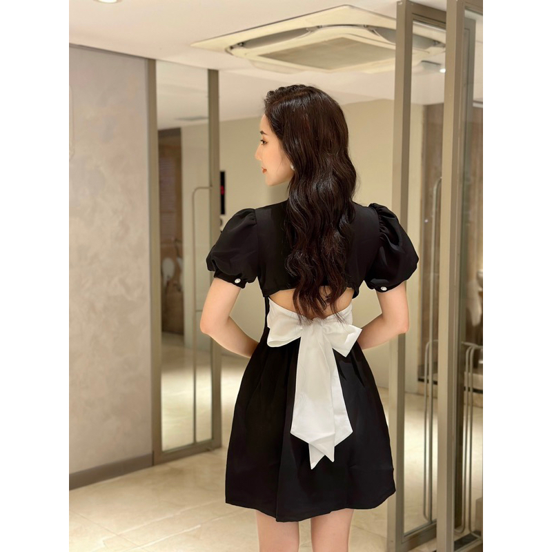 Váy đầm Polo Fiona hở lưng tiểu thư phối nơ tay bồng SOURIS BY G